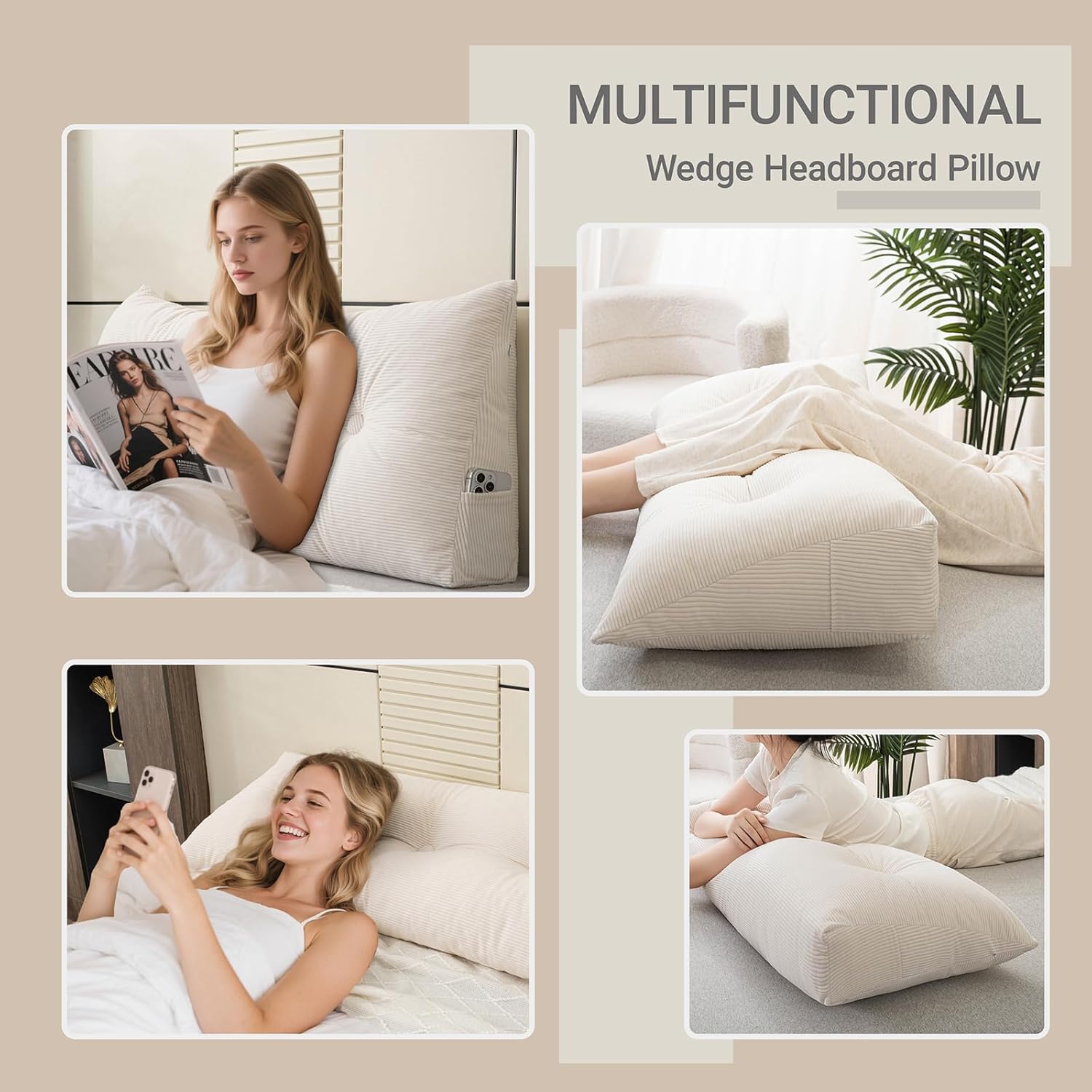 White Headboard Pillow Bed Wedge Pillow for Headboard with Side Pocket Dorm Headboard Long Back Pillow for Bed Bolster Pillow for Mattress Gap Filler White Reading Pillow for Bedroom Sofa Daybed